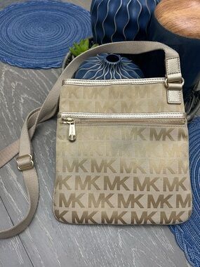 Michael Kors Tan Beige MK Monogram Crossbody Bag